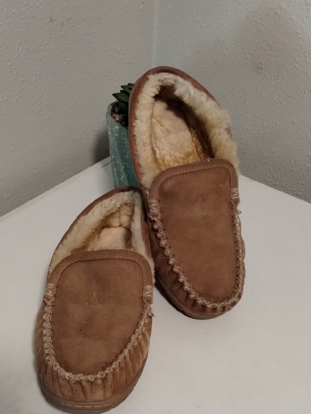 L.L. Bean Women's Tan Suede Shearling-Lined Slippers